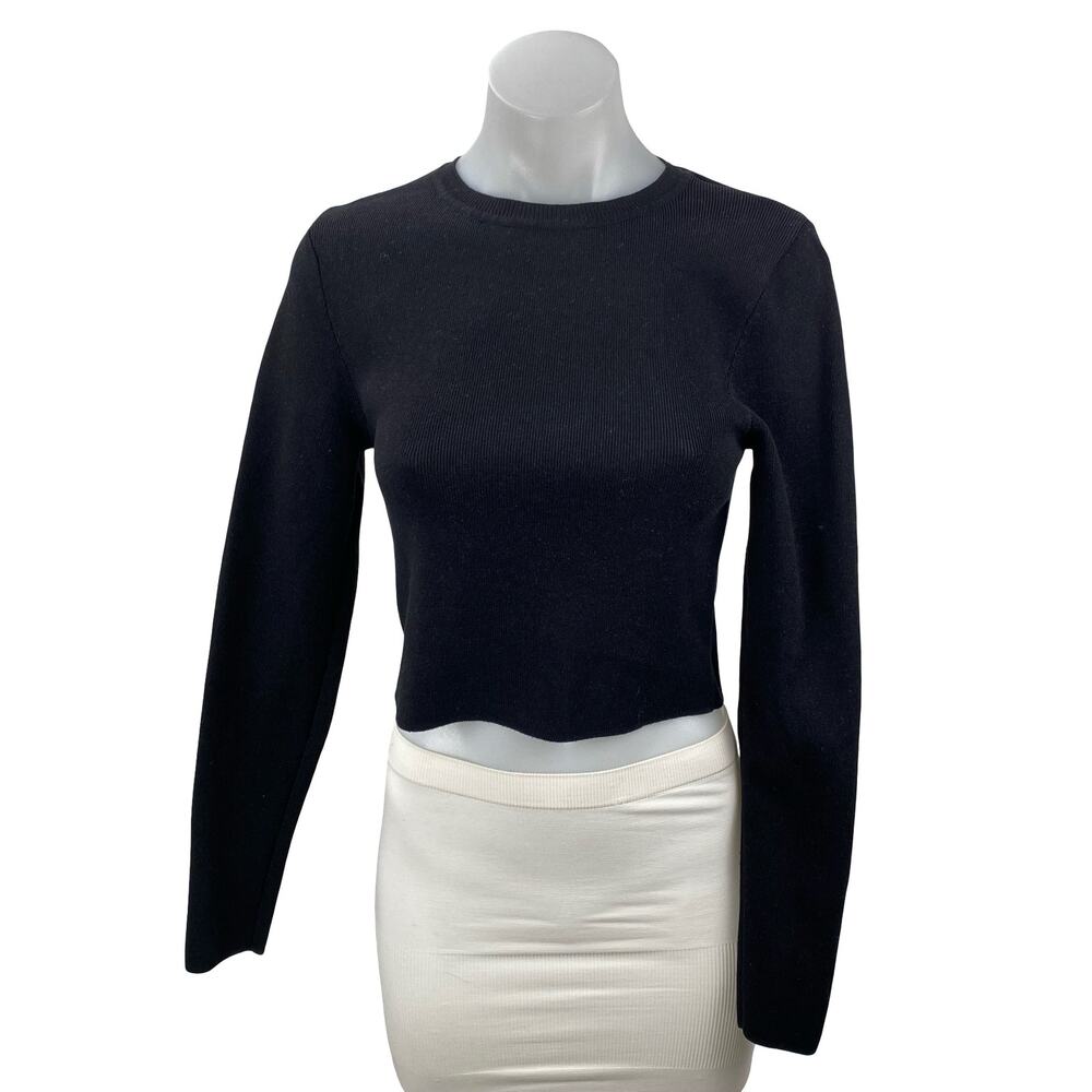 Zara Women's Black Long Sleeve Ribbed Knit Crew Neck Cropped Sweater Top Size L